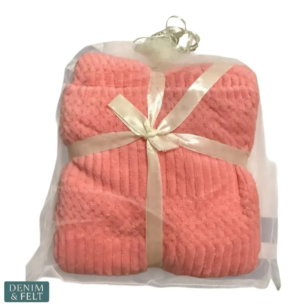 Pink Coral Fleece Bath & Hand Towel Set Plush Ribbed Spa Style Gift Wrapped‎